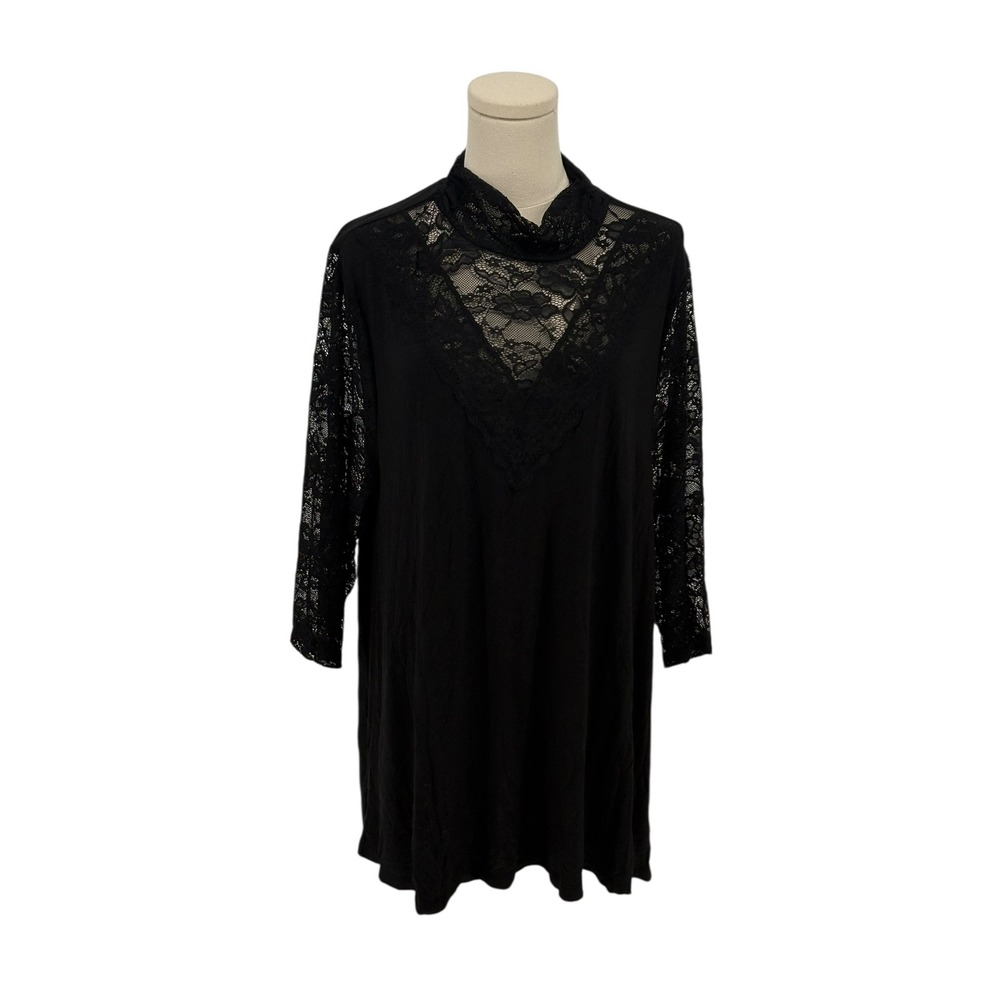 Torrid Super Soft Knits Black Lace Trim Mock Neck‎ 3/4 Sleeve Tunic Top